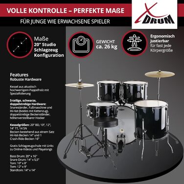 XDrum Rookie 20' Комплект барабанів для студії Black - Ідеальний для початківців - Стильне чорне обладнання - З паличками, інструкцією та школою барабанщиків