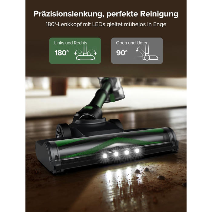 Бездротовий пилосос Vexilar Akku: 60 хвилин роботи, 45 kPa, 550 W, безщітковий мотор, LED дисплей, 6-в-1, тихий, для дому/авто, тверді підлоги, килими, шерсть тварин, зелений