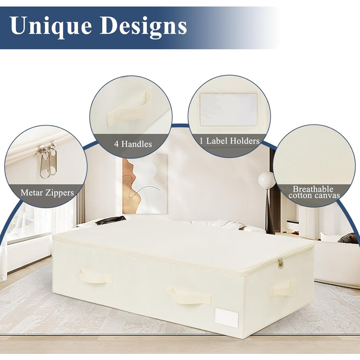 Комод під ліжко Lannvan, 2 шт. Коробки для зберігання під ліжко з кришкою, складні, з 4 посиленими ручками, для одягу, постільної білизни, ковдр, подушок (70 * 41 * 18 см), Бежевий