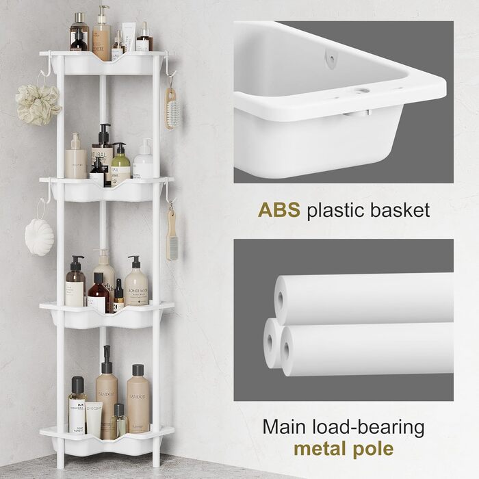Orimade 4 Piece Shower Shelf Standing Stainless Steel, Shower Storage without Drilling, Corner Shelf with 4 Hooks, Plastic-Metal Construction 25.5 x 25.5 x 103 cm White