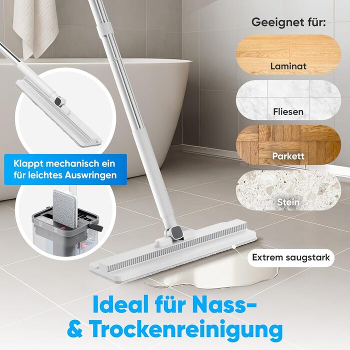 Набір для миття підлоги Wischmopp з відром – моп з 2-камерною системою та функцією відкачування – гігієнічний набір для прибирання – 2,5 л – білий