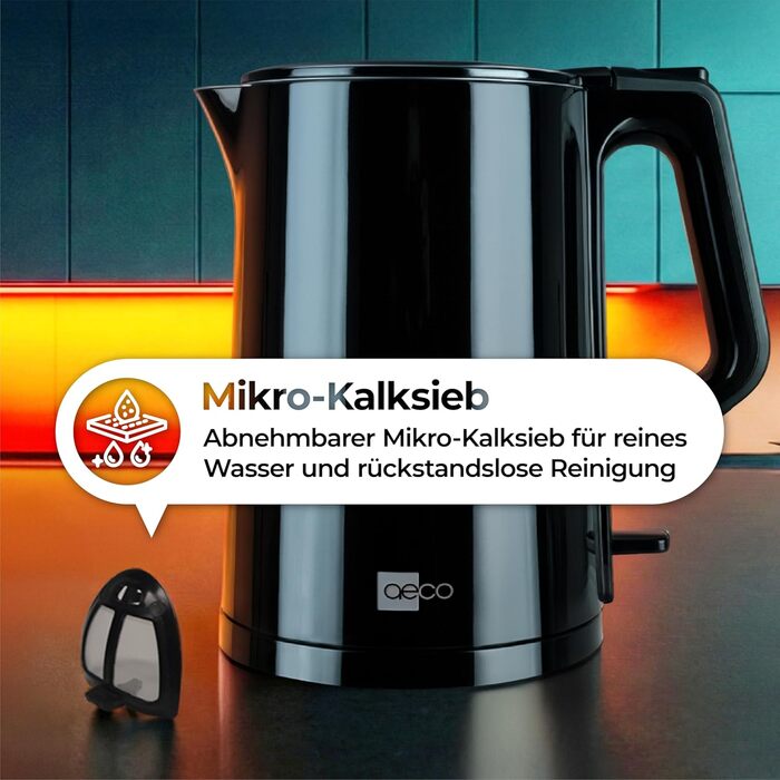 Електричний чайник Aeco AQA NEO з нержавіючої сталі, 1.7 л, 2150 Вт, без BPA, фільтр від накипу, бездротовий, CoolTouch, шампань сріблястий