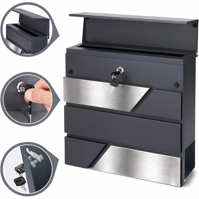 Поштова скринька Verda з газетницею, антрацит RAL 7016, срібло, 37x37x11 см, 2 ключі, комплект для монтажу. Дизайнерська настінна поштова скринька