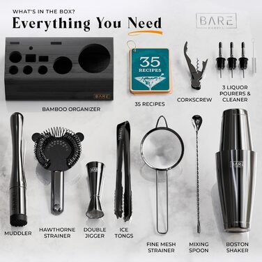 Bare Barrel Pro Cocktail Set - 14 Piece Boston Shaker Set with Stand & Recipe Cards (Jet Black) 0.8L