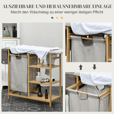 HOMCOM Laundry Basket 57.4 L Laundry Collector with Ironing Board and Iron, Laundry Box with 3-Tier Shelf, Pull-Out and Removable Bag