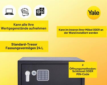 Електронний готельний сейф Yale YLG/200/DB2 на 24 л з LCD-дисплеєм, кодовим замком та можливістю кріплення до стіни або підлоги, чорний (для ноутбуків)
