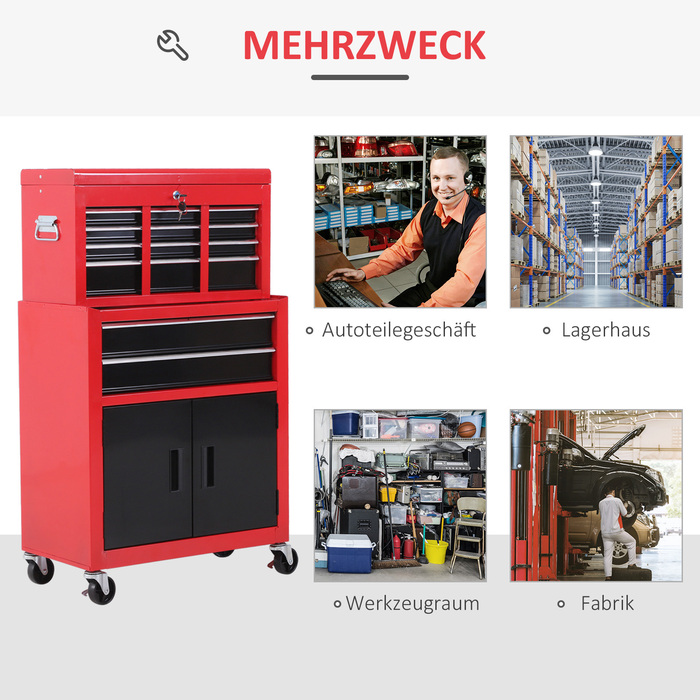 HOMCOM Workshop Trolley with Tool Box, Empty and Lockable Tool Trolley with 6 Drawers, Cupboard Compartment, Anti-Slip Mats, 2 Keys, Tool Cabinet Metal Red+Black | Aosom