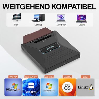 Зовнішній DVD/CD привід Alxum USB-C 3.0 для ноутбука з картридером SD/TF та додатковим USB-портом, Plug & Play для Windows, Linux, Mac OS