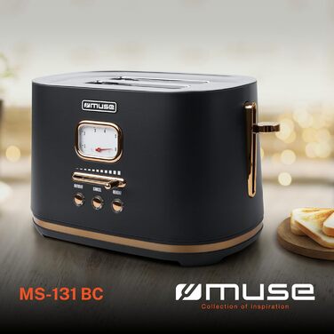 Muse stainless steel toaster in black retro design, analog display, illuminated buttons, 6 browning levels, 2-slice, MS-130 BC, vintage look, with crumb tray
