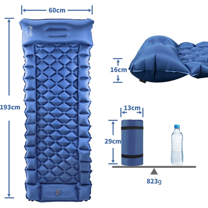 Каремат для кемпінгу Saphirblau: самонадувний килимок для відпочинку на природі з помпою та подушкою