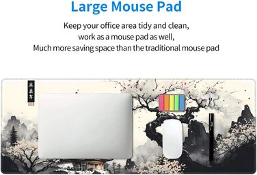 Килимок для миші для геймінгу, чорний, з принтом Канагава, великий, 80 x 30 см, нековзна гумова основа, водонепроникний, з прошитими краями, для геймінгу, офісу, дому