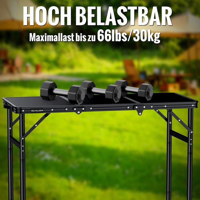 Складний кемпінговий стіл GARLLEN 60x40 см, регульована висота (27/51/75 см), чорний - для пікніка, саду, балкону, пляжу