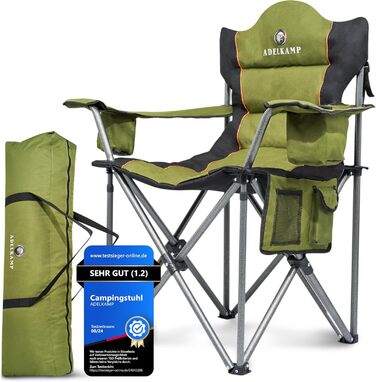Складний туристичний стілець ADELKAMP з товстим м'яким сидінням, висока вантажопідйомність 150 кг, з сумкою-холодильником та тримачем для напоїв – переможець тесту 2024, преміум-якість, оливковий колір