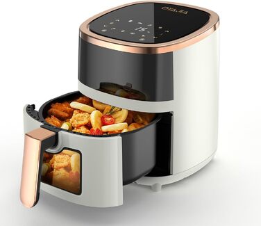 Фритюрниця повітряна 6L з 8 програмами, Rapid Air, сенсорний екран, вікно, 200°C, 1200W, для миття в посудомийній машині, без олії, гриль, випічка, смаження (білий)