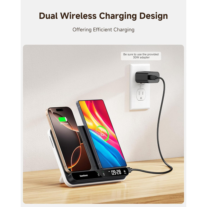 Двопортова індукційна зарядка SwanScout 504 для 2 телефонів (30W) - iPhone, Samsung, AirPods, Galaxy Buds