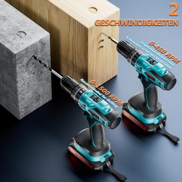 Акумуляторний шурупокрут-дрель 21V з акумулятором 4000mAh, 45Nm, 25+3 ступені, 2 швидкості, LED, 2 акумулятори 2.0Ah та зарядний пристрій, для дому та саду, DIY проєкти (Блакитний)