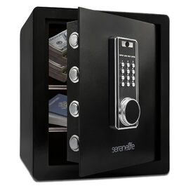 Сейф електричний SereneLife Tresor 39Л з кодовим замком та ключами, сталевий корпус з функцією сигналізації для документів, грошей та коштовностей, чорний, 38x32x45 см