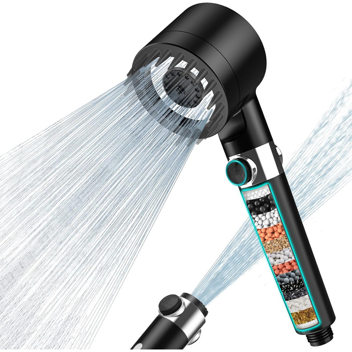 Showerhead with Filter MEKO High-Pressure Handheld Shower with 15-Layer Filtration, 1.5M Hose, 3 Spray Patterns, Water-Saving Showerhead for Removing Hard Water, Residual Chlorine, Bacteria, and Heavy Metals (Black)