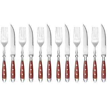 Набір столових приборів GRÄWE для стейку, 12 предметів, нержавіюча сталь полірована, коричнева ручка, для 6 осіб, посудомийна машина