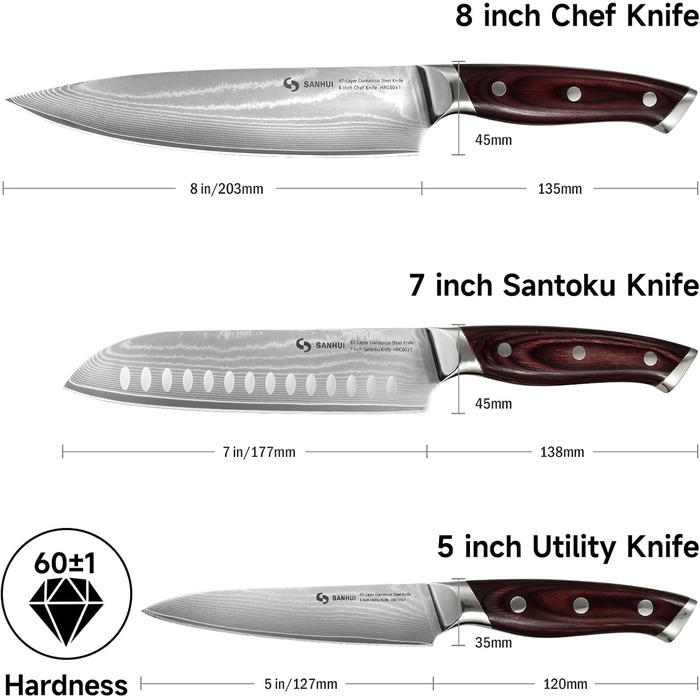 Набір кухонних ножів Sanhui Damast: 3 ножі з дамаської сталі з ручками з паккавуда. Професійний набір ножів у подарунковій коробці - ідеальний для професійних та аматорських кухарів.