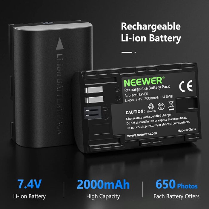 Запасний акумулятор Neewer LP-E6/LP-E6N для Canon (2 шт., 2000mAh) з зарядним пристроєм, сумісний з EOS 7D Mark II, 5D Mark IV та ін.