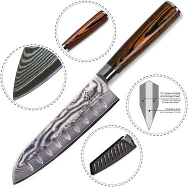 Професійний кухонний ніж Santoku Wolfblood XL 30 см з 67-шарової дамаської сталі, дерев'яна ручка, подарункова коробка та чохол для леза