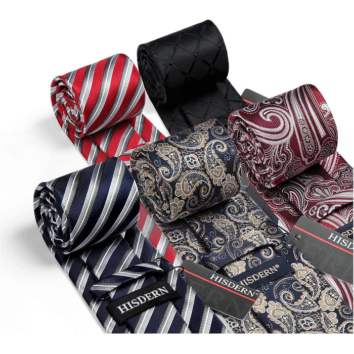 Набір чоловічих краваток HISDERN (5 шт.) з нагрудною хусткою, шовкові, класичні, для весілля, в подарунковій коробці T5-04