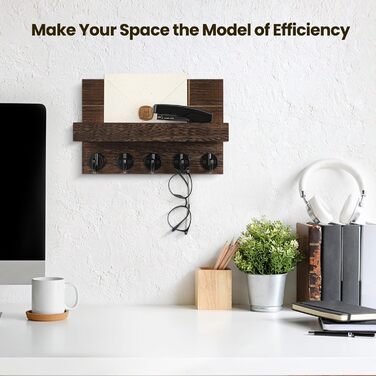 Wall-Mounted Key Holder – 24.9 x 17 x 10.7 cm, Decorative Wall Shelf with Hooks for Keychains, Dog Leash, Wallet, Purse – Real Paulownia Wood, Entryway Shelf for