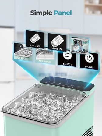 Портативна машина для льоду FOHERE – самоочисна, 14 кг/24 год, 2 розміри, компактний дизайн, 1 кнопка, інтелектуальні попередження, з лопаткою та кошиком для дому/бару/офісу/кемпінгу (зелена)