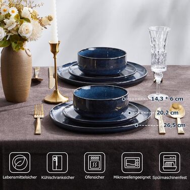 Набір посуду Onader на 6 осіб (18 предметів) - Тарілки, миски, десертні тарілки, кераміка, блакитний, для миття в посудомийній машині