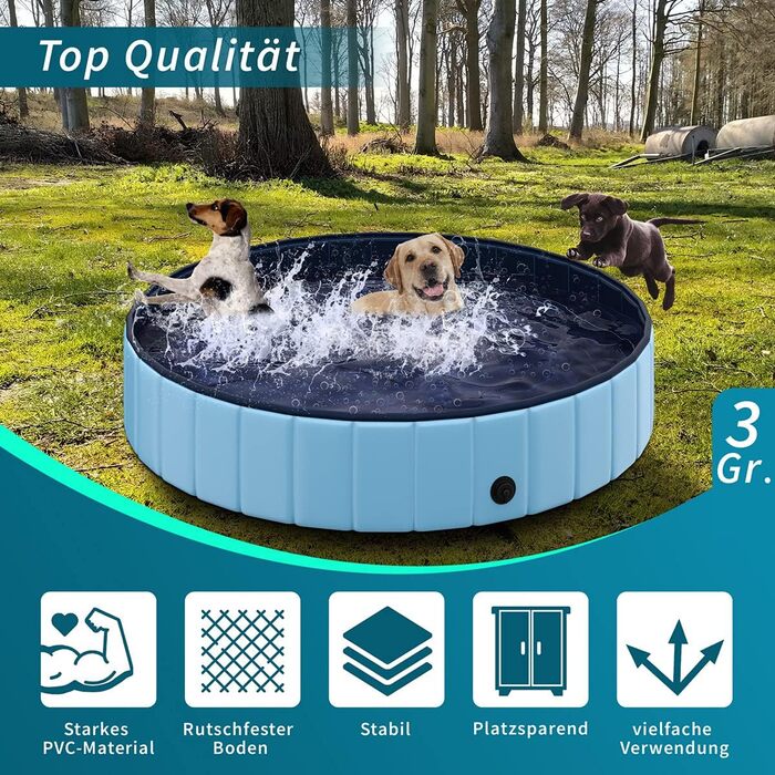 TOSANEO Dog Pool Swimming Pool Splash Pool Bathtub Dog Bathtub Swimming Pool for Dogs and Cats Space-Saving Foldable Blue Ø 160cm x H 30cm