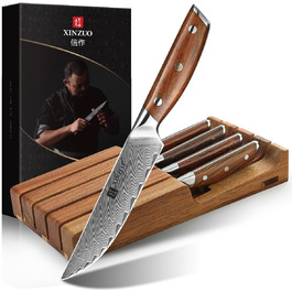 Ніж кухарський XINZUO Damaststahl Kiritsuke 21см - професійний, з нержавіючої сталі Дамаск, з ручкою з рожевого дерева, 5-ти річний набір ножів для стейку