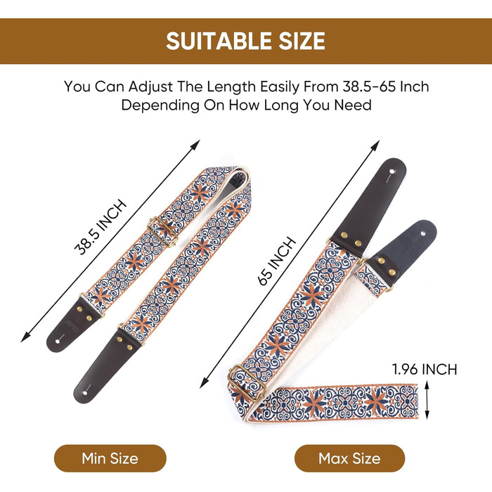 Гітарний ремінь Jacquard з вишивкою з бавовни з кінцями з натуральної шкіри для акустичної гітари GS-89-1 Petal Brown