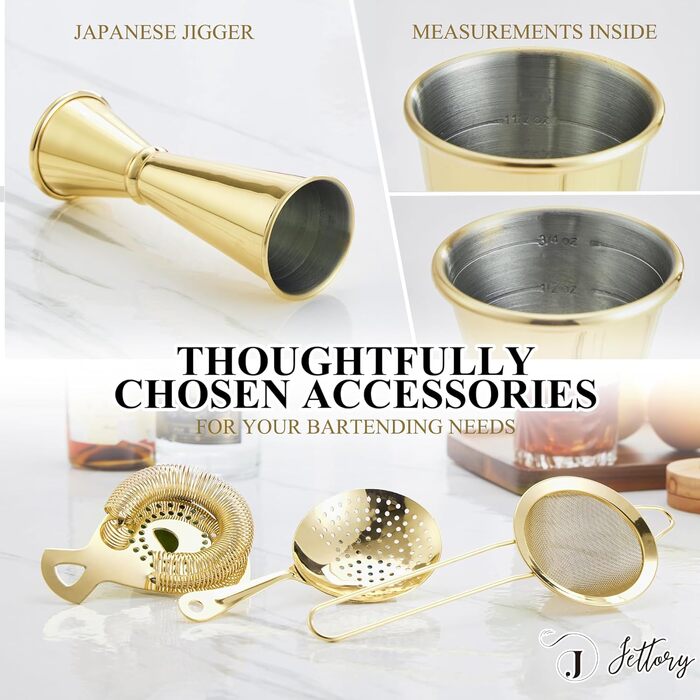 Набір шейкерів Boston - 16 предметів з нержавіючої сталі з акриловою основою, набір для приготування коктейлів (золотий)