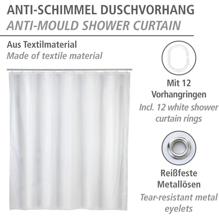 Штора для душу WENKO Anti-Schimmel (антигрибкова), текстильна, 180x200 см, біла - з кільцями для кріплення
