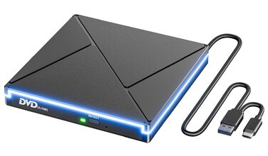 Зовнішній CD/DVD привід USB 3.0 та USB-C, оптичний накопичувач CD/DVD +/-RW ROM Brenner з RGB підсвіткою для ноутбука, ПК, MacBook, Windows та MacOS
