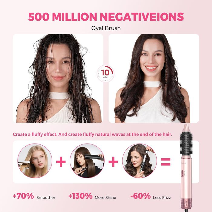 Мультистайлер для волосся 5 в 1 Atopskins Air Styler 1000W: фен-щітка, вирівнювач та плойка для сушіння, завивки та гладкого волосся, колір Creamrosa