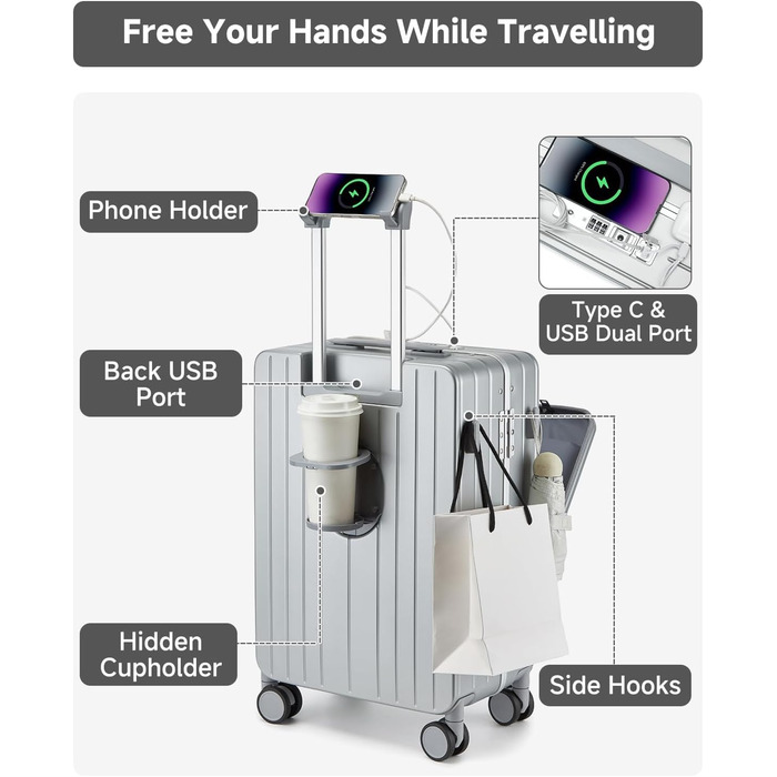 Чемодан-валіза Sea Choice Handgepäck з відділенням для ноутбука 15.6', з PC корпусом, USB-портом, TSA замком та коліщатками 360° (Срібний)