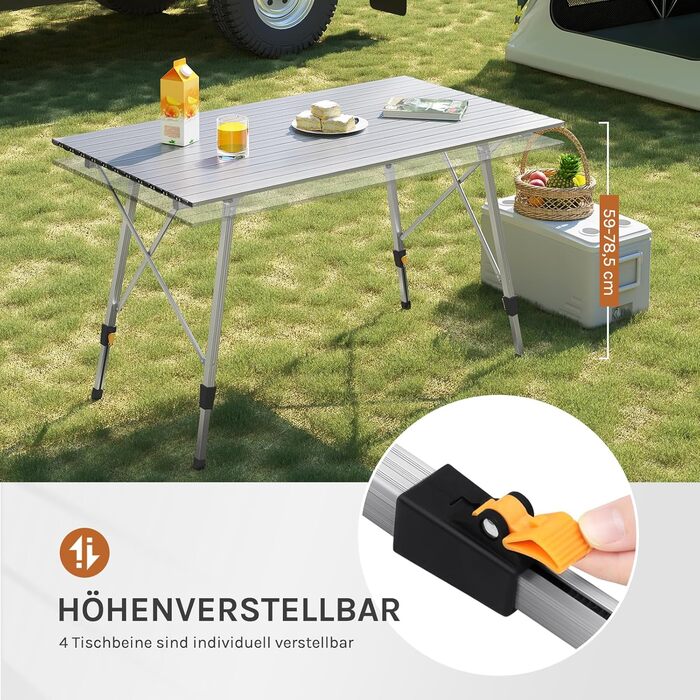 Стіл туристичний розкладний WOLTU, 120x68.5 см, сріблястий. Регульована висота, з сумкою та розкатним покриттям. Для кемпінгу, саду, балкону (4-6 осіб)