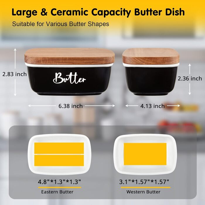 ALELION Butter Dish, large ceramic butter dish with lid for countertop, vintage butter holder with wooden lid, for home, kitchen decoration, butter container holds two butters, black