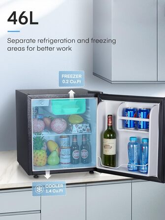 Міні-холодильник 46л з відділенням для льоду, чорного кольору. Енергоефективний, з регулюванням температури та змінним напрямком відкривання дверцят. Ідеально підходить для кухні, офісу, спальні, готелів та невеликих квартир.