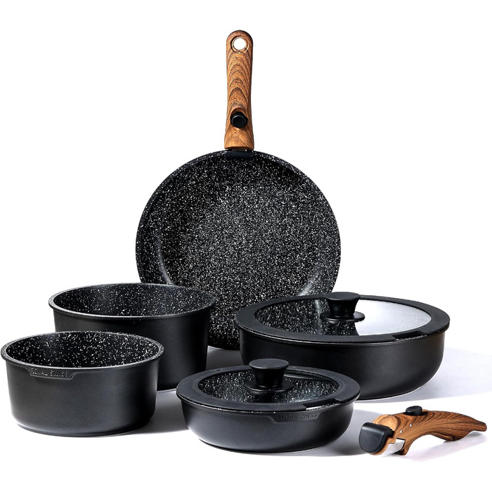Набір посуду Royal Swiss, індукційний, 9 предметів, 2 знімні ручки, товстостінний посуд з кришкою для всіх типів плит - Бежевий Діамант - Каструлі та сковорідки без PFOA, PFAS