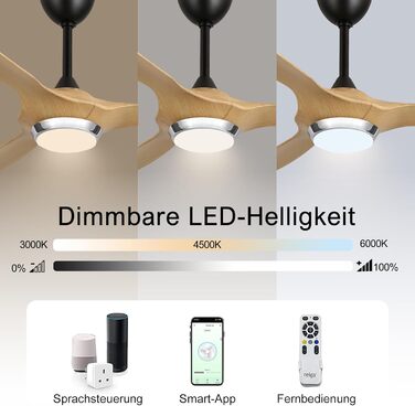 Стеляний вентилятор Reiga з підсвіткою та пультом керування, діаметр 132 см, тихий реверсивний мотор, 6 швидкостей, таймер, регульована яскравість та 3 колірні температури, коричневі лопаті