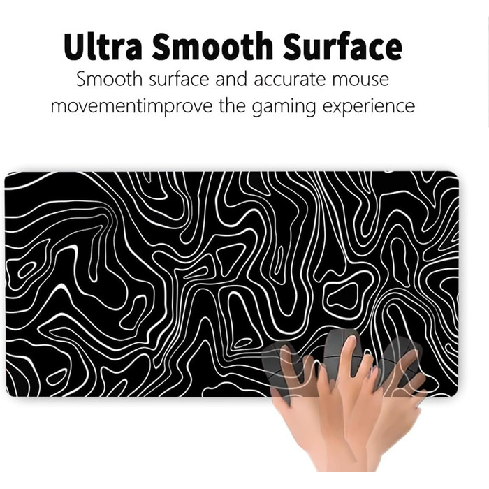 Великий килимок для столу 800x400 мм - ігровий килимок для миші з прошитими краями, неслизька підкладка, килимок для клавіатури та миші Black & White Abstraction (Топографічна лінія)
