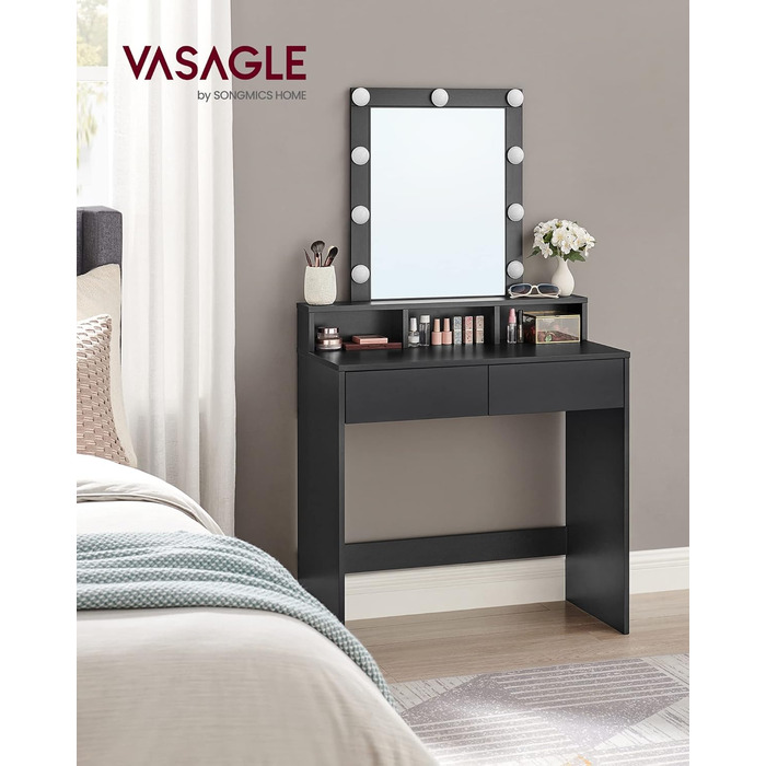VASAGLE туалетний столик з LED підсвіткою, регульована яскравість, дзеркало, 2 шухляди, 3 відкриті полиці, білий, 80x145 см, сучасний дизайн