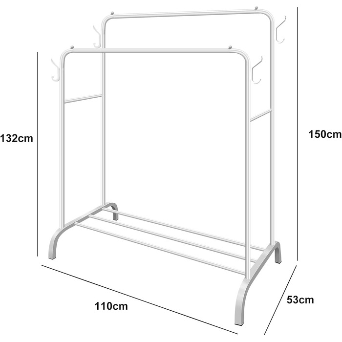 Metal Clothes Rack Clothes Stand Stable, Double Rod Durable with 1 Tier Shelf and 4 Side Hooks, Freestanding Clothes Rack, Multi-Purpose Organizer, Bedroom (Black2)