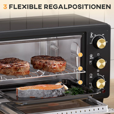 HOMCOM 16L Mini Oven 1400W Mini Oven 100-230℃ 60 Min. Timer, with Grill Rack and Baking Tray, Pizza Oven with Tray Handle, Crumb Tray Black | Aosom