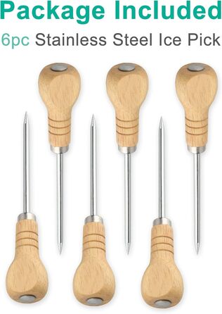 Yzurbu Ice Picks for Breaking Ice, 6 Pack Stainless Steel Ice Pick Tool with Safety Wooden Handle for the Kitchen