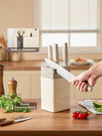Набір кухонних ножів Yabano, 7 предметів: ніж кухарський, ніж для хліба, ніж для овочів, ніж для м'яса, ніж для чистки, ніж для стейка, ніж для овочів з інтегрованим точилом та пластиковим блоком (білий)