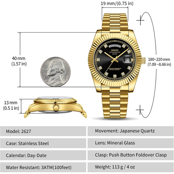 Чоловічий годинник NIBOSI: аналоговий кварцовий годинник з нержавіючої сталі, водостійкий, з датою та індикатором дня тижня. Білий циферблат, золотий корпус, чорвий ремінець. Стильний бізнес-годинник для чоловіків